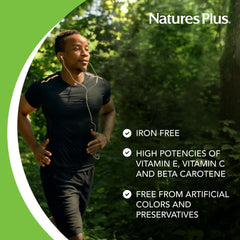 NaturesPlus Ultra One Daily Iron Free nutrition facts card highlights minerals and beta carotene.