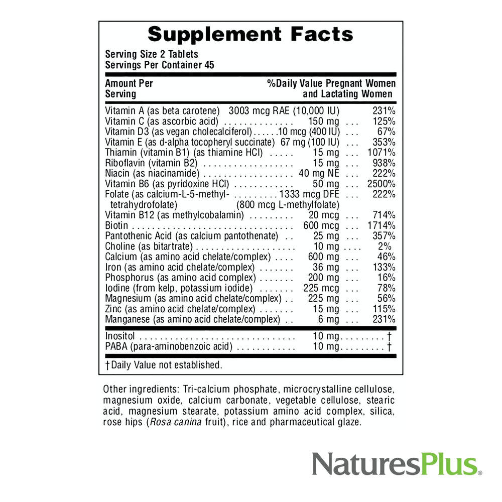NaturesPlus Ultra Prenatal ingredients page showcasing diverse food-based nutrients