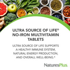 NaturesPlus Ultra Source of Life No-Iron tablets closeup, easy-to-dose vegetarian formula