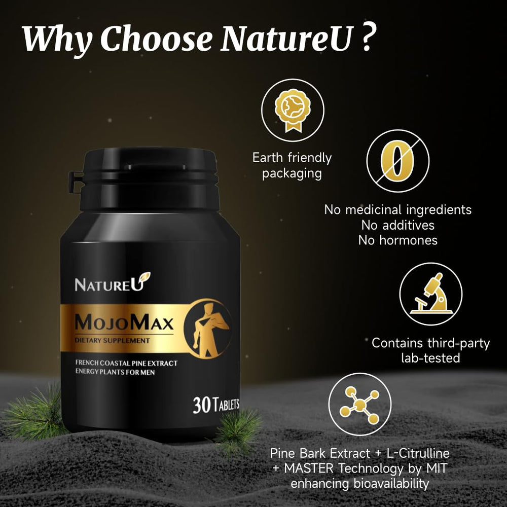 NatureU tablets close-up; visible pills hint at daily stamina support.