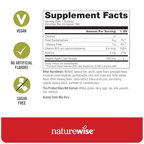 NatureWise Apple Cider Vinegar Gummies label emphasizes 1000mg ACV per two gummies and B12