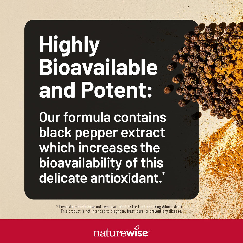 NatureWise CoQ10 with black pepper extract on bottle label to boost absorption.