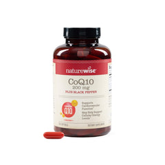NatureWise CoQ10 200mg softgel bottle front view showing potency for energy support