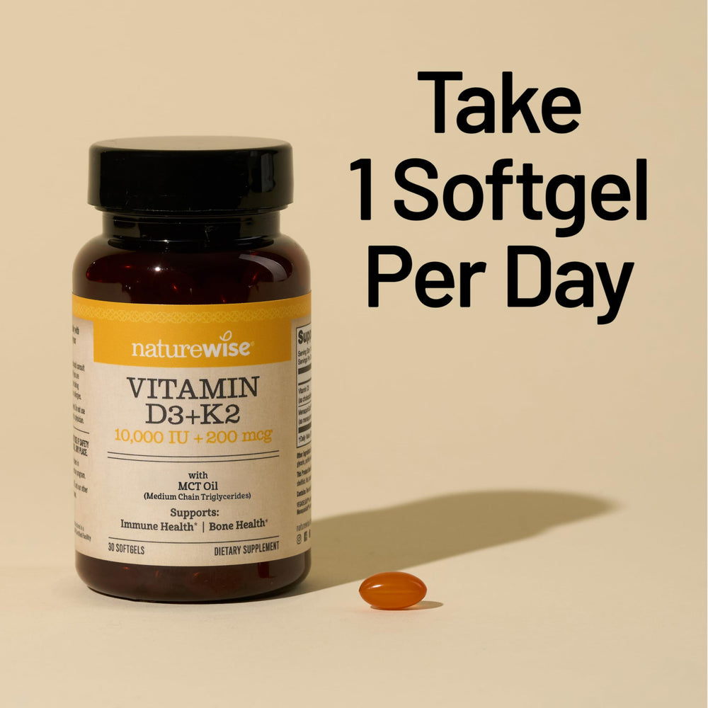 NatureWise D3 K2 softgels close-up with clear dosage information and labeling.