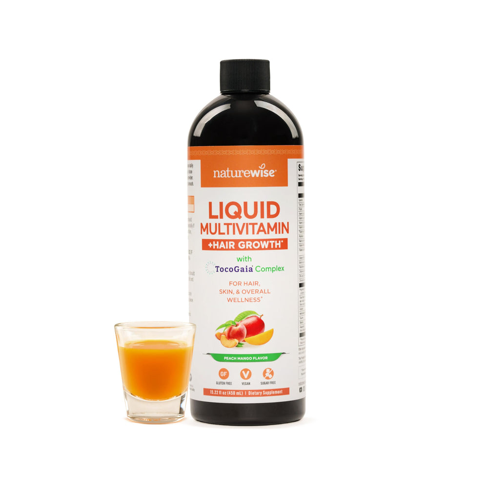 NatureWise Liquid Multivitamin Hair Growth bottle highlights Tocogaia for potential hair support