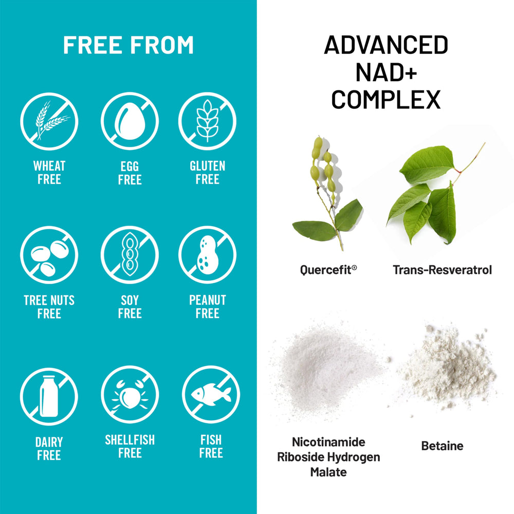 NatureWise NAD+ Support Complex vegan non-GMO formulation label displayed.