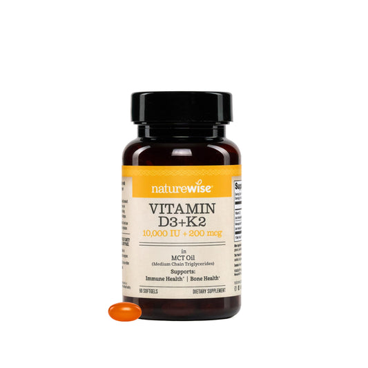 NatureWise vegan D3 K2 softgels bottle front for daily bone-support routine.