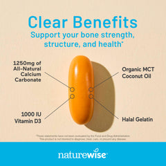 NatureWise Calcium + D3 softgels ingredient panel shows non-GMO and halal gelatin.