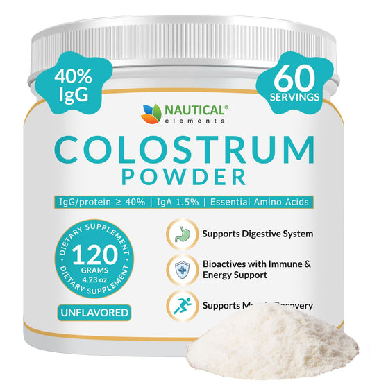 Nautical Elements Colostrum Powder shows first milking focus and supports daily vitality.