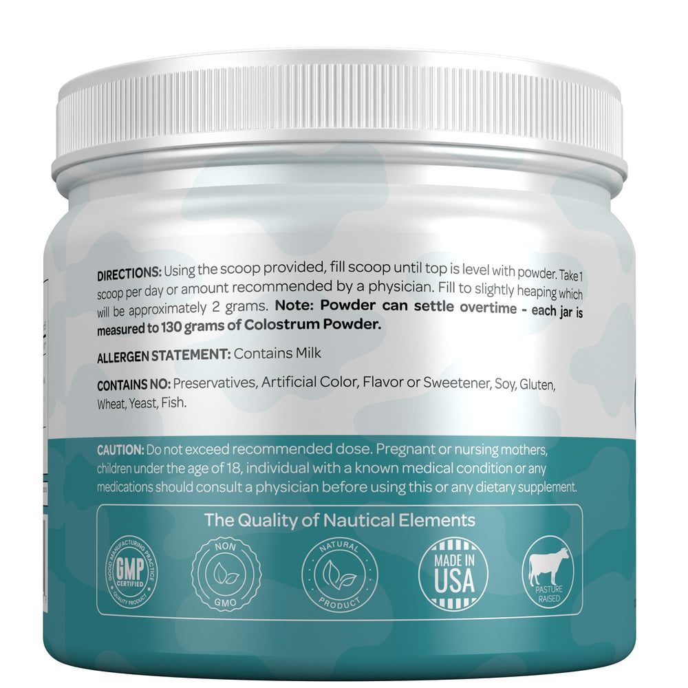 Nautical Elements Colostrum Powder Midwest farm sourcing highlights ethics.