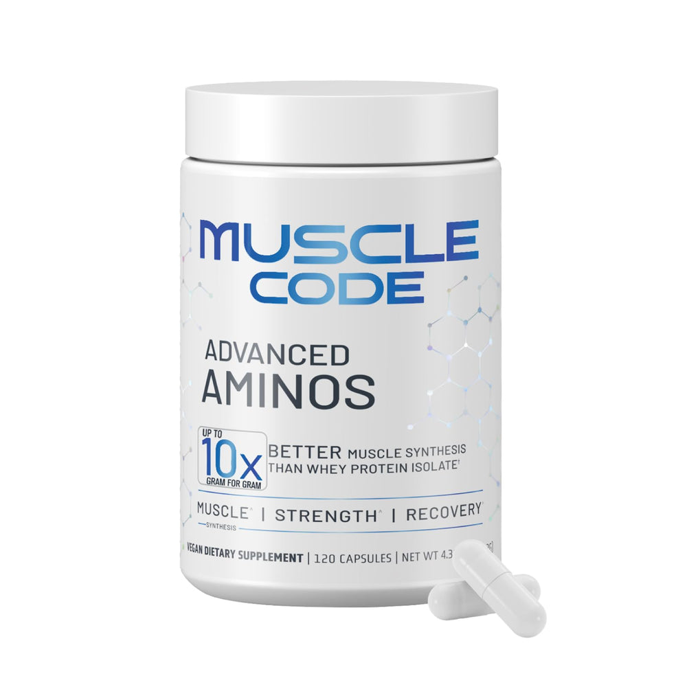 NAUTILUS Muscle Code capsules bottle closeup highlights vegan, sugar-free formula for lean muscle support