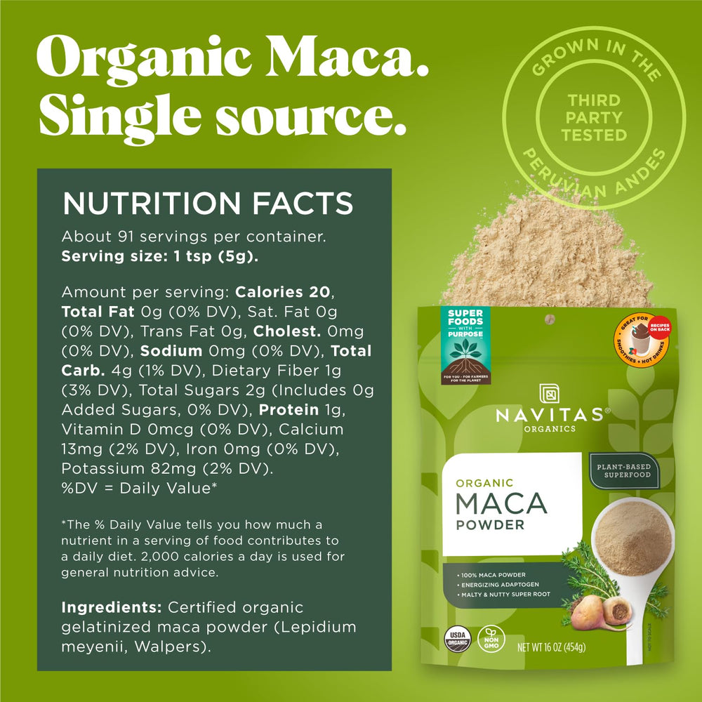 Navitas Maca Powder open bag with scoop, ready for smoothies and baking