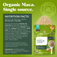 Navitas Maca Powder open bag with scoop, ready for smoothies and baking
