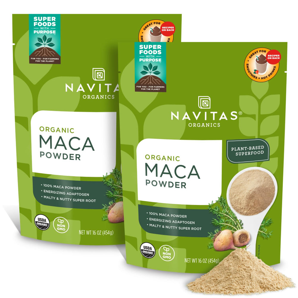 Navitas Maca Powder container front showing premium Peruvian maca for energy and balance