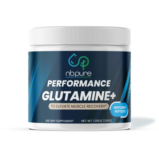 nbpure Performance Glutamine+ PepForm bottle highlights fast absorption and gut health support.