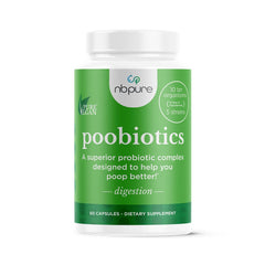 nbpure Poobiotics bottle label shows six probiotic strains for gut balance