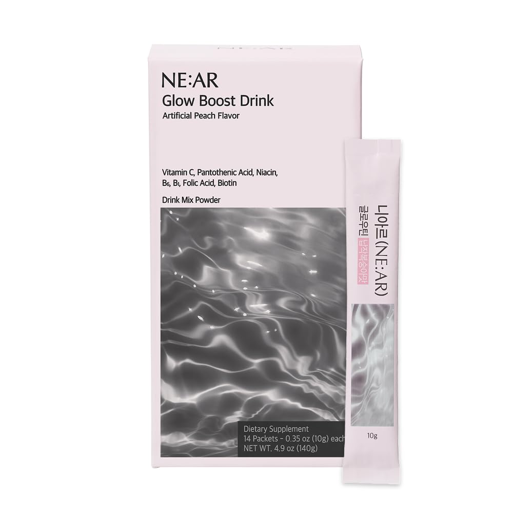 NE:AR Glow Boost Drink bottle closeup showing premium packaging and glow-friendly formula.