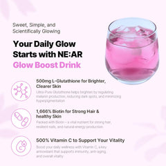 NE:AR Glow Boost Drink glutathione bottle highlight 250mg for skin brightness support.