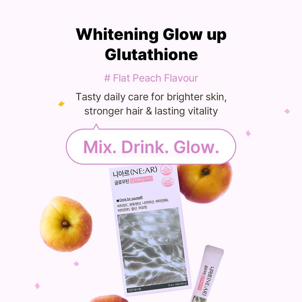 NE:AR Glow Boost Drink peach-flavor powder ready to mix for hydration and taste.