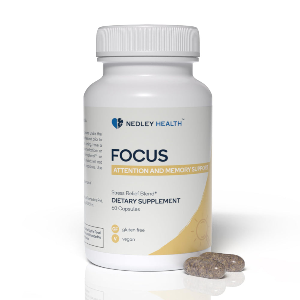 Nedley Health Focus bottle with capsules for daily cognitive support.