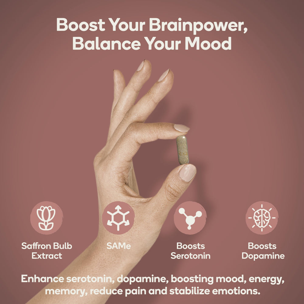 Nedley Health Mood bottle back shows ingredients like saffron extract and SAMe for serotonin support.