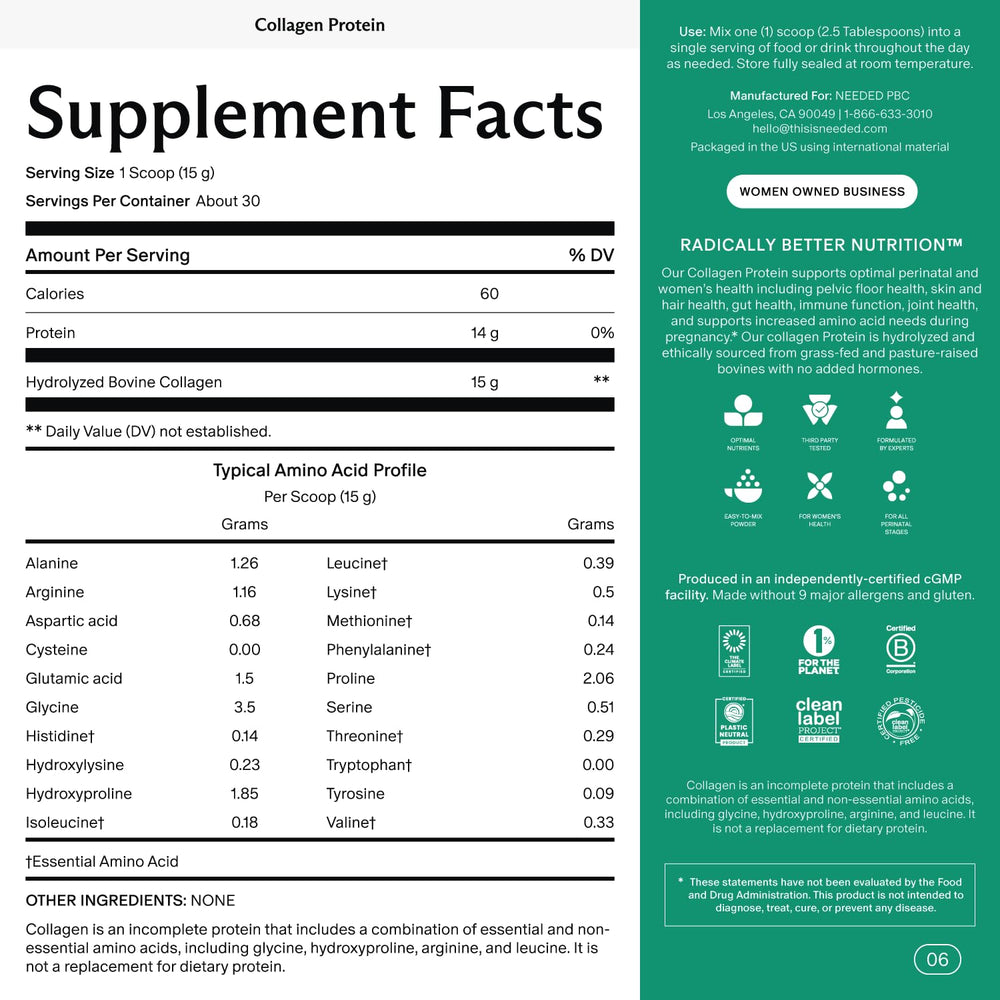 Needed Collagen Powder tub back label showing hormone-free and ingredient notes.