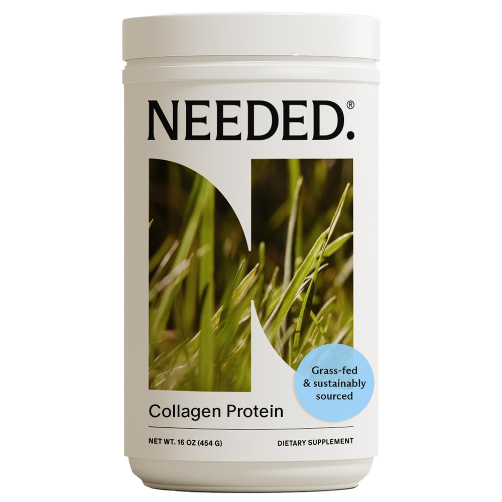 Needed Hydrolyzed Collagen Powder tub front view highlighting grass-fed sourcing and quality.