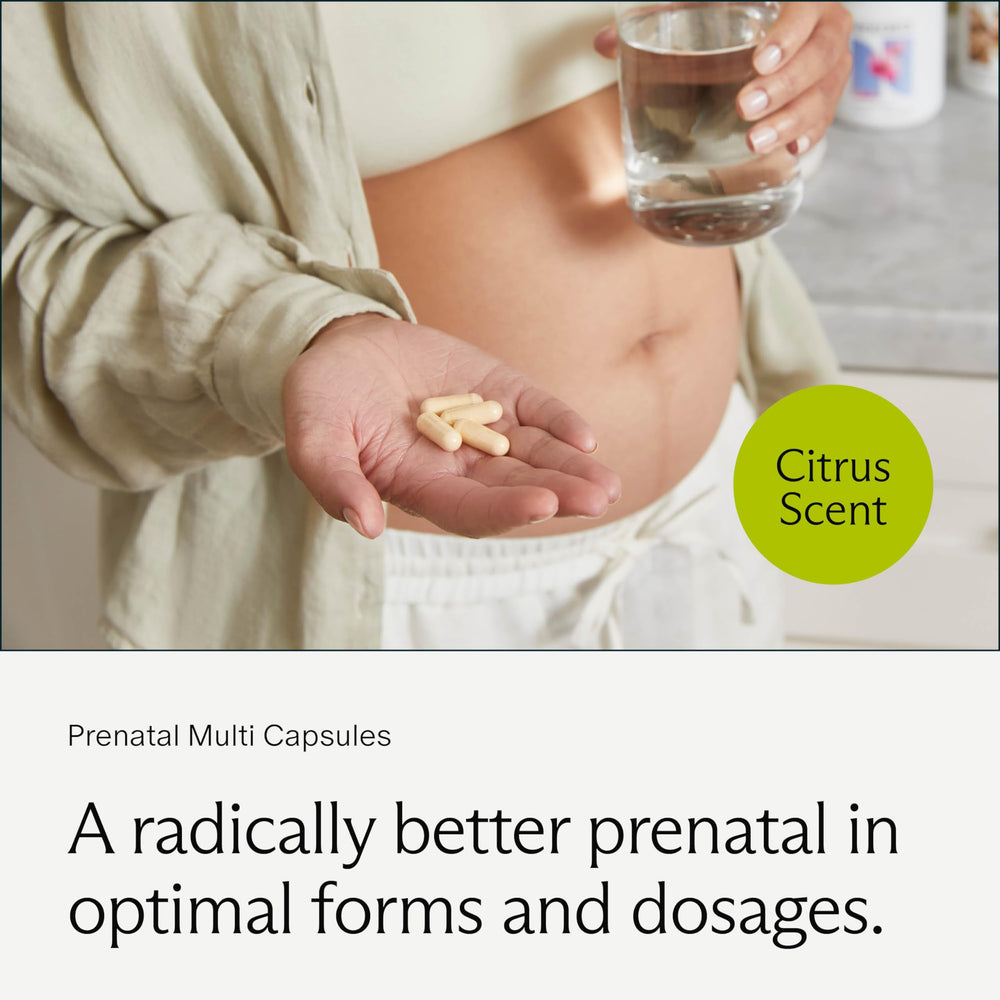 Needed Prenatal bottle back label with dosage details for informed daily use.