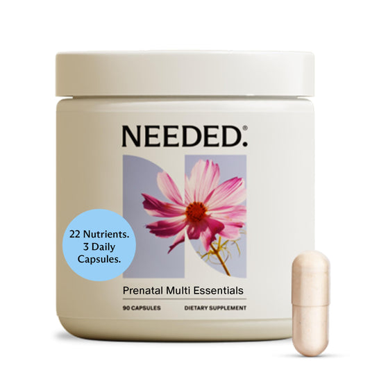 Needed Prenatal bottle front displaying label and key nutrients.