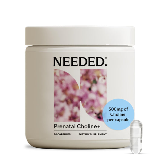 Needed Prenatal Choline+ bottle with capsules for easy daily prenatal nutrition.
