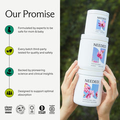 Needed Prenatal packaging scene confirms quality and testing.
