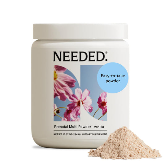 Needed vanilla multivitamin powder jar, easy daily prenatal nutrition.