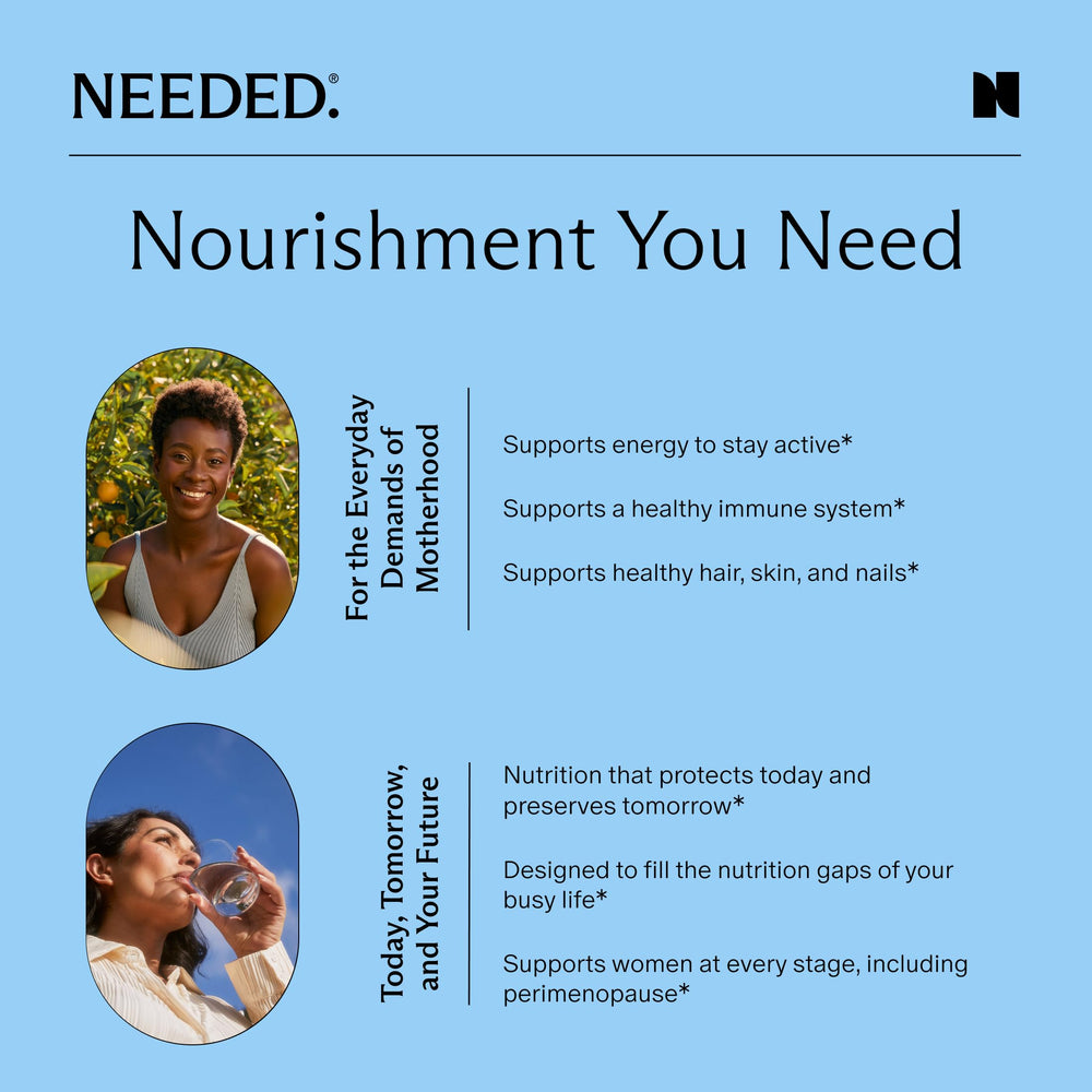 Needed Women's Multivitamin image hints at immune and mood support with D3.
