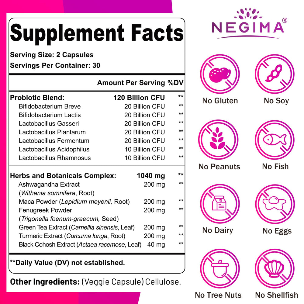Negima menopause 120 billion CFU label close-up highlighting potency for daily wellness