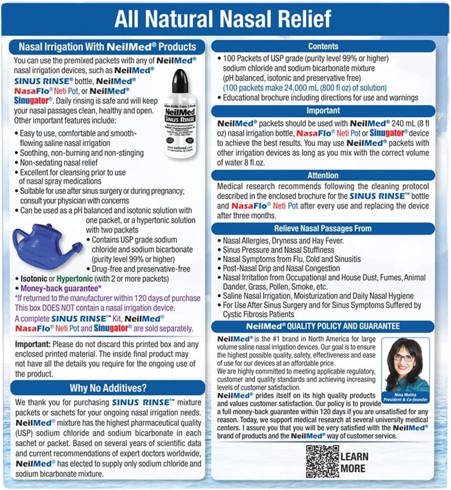 NeilMed Sinus Rinse instructional brochure explains steps for safe use.
