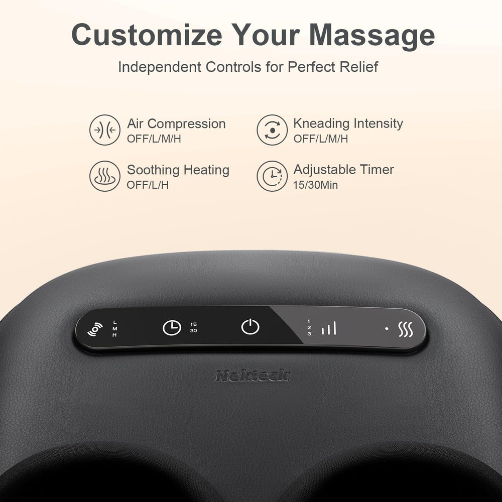 Nekteck foot massager intensity controls shown with Low/Med/High options.