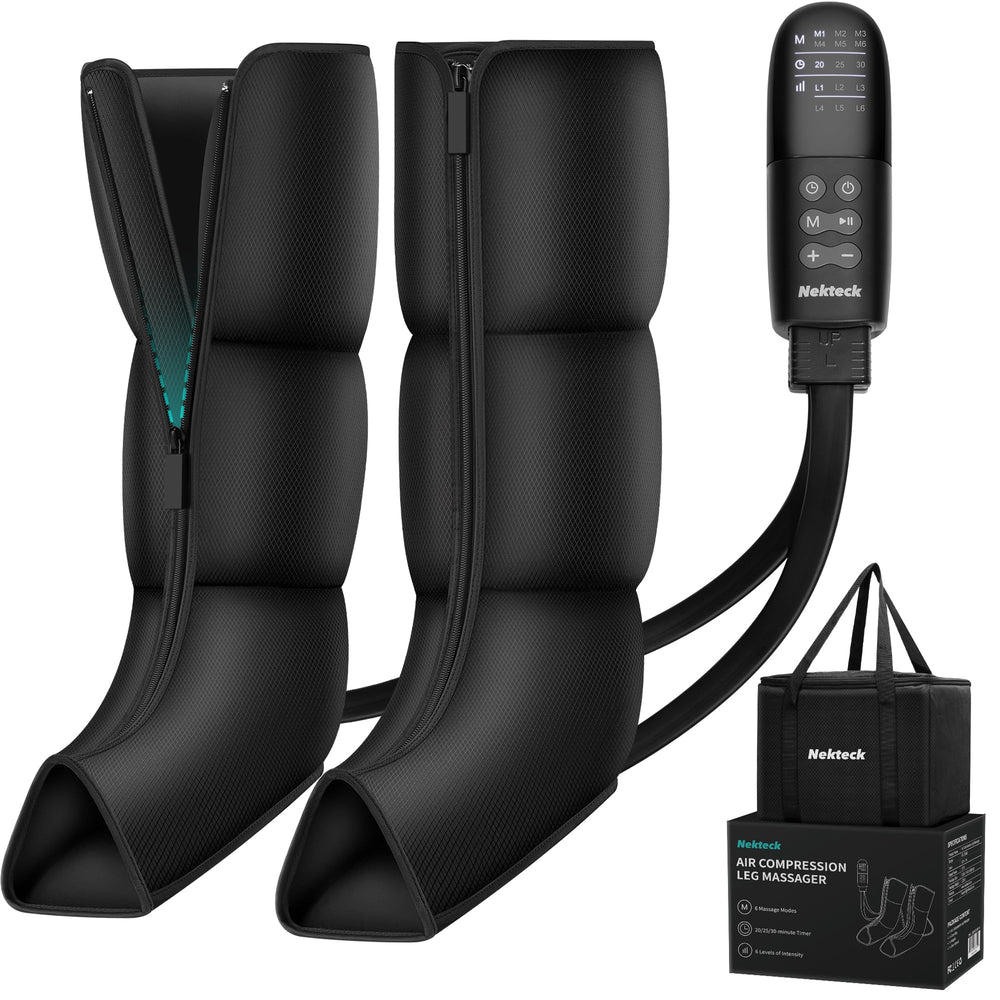 Nekteck leg massager full leg wrap demonstrates consistent compression for comfort