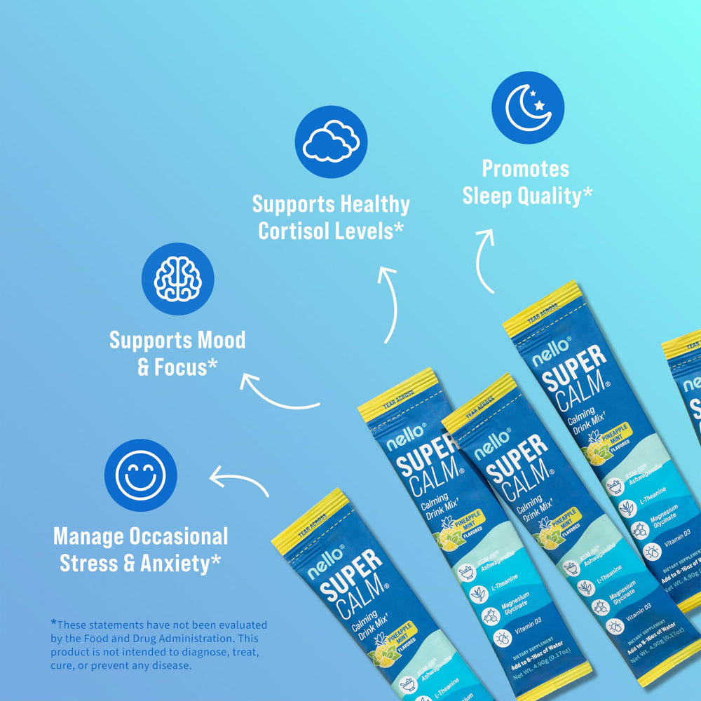 Nello Supercalm ingredients close-up featuring L-theanine and ashwagandha for everyday balance.