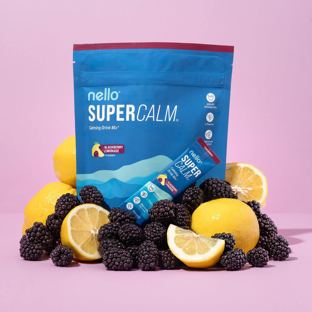 Nello Supercalm ingredients panel featuring L-theanine and ashwagandha