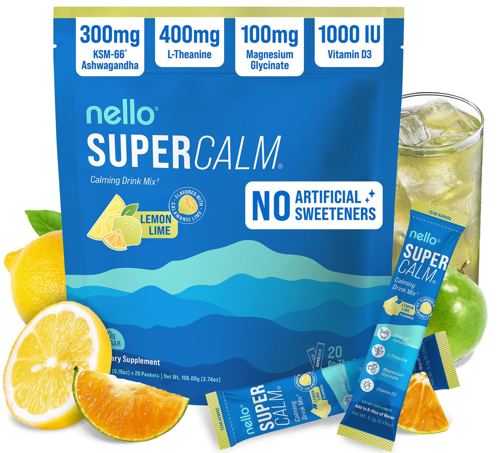 Nello SuperCalm lemon-lime packets for on-the-go relaxation and focus.