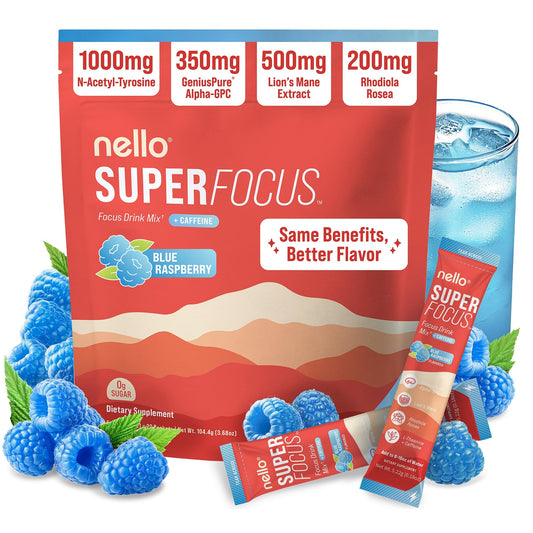 Nello Superfocus blue raspberry label front showing sugar-free focus energy