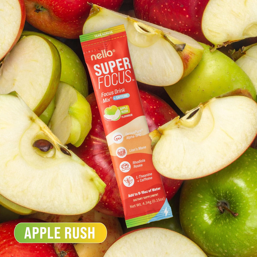 Nello Superfocus packaging detail emphasizes sugar-free formula.