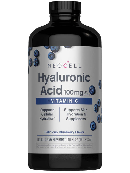 NeoCell Hyaluronic Acid Berry Liquid bottle on countertop supports daily skin hydration.