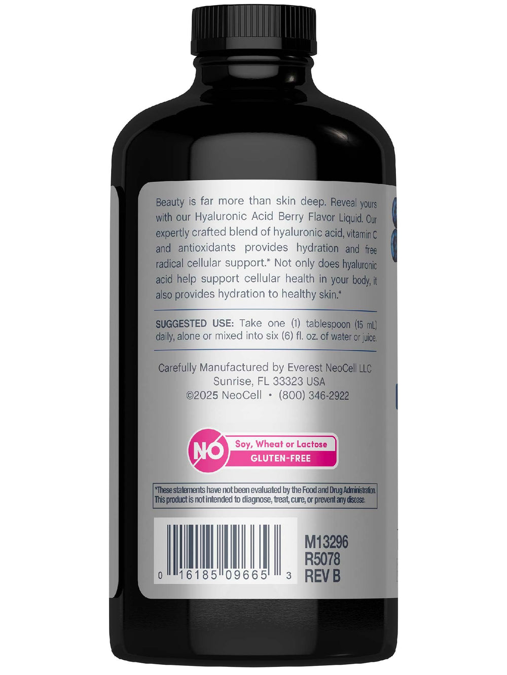 NeoCell Hyaluronic Acid Berry Liquid in a glass highlights hydration and blueberry flavor.