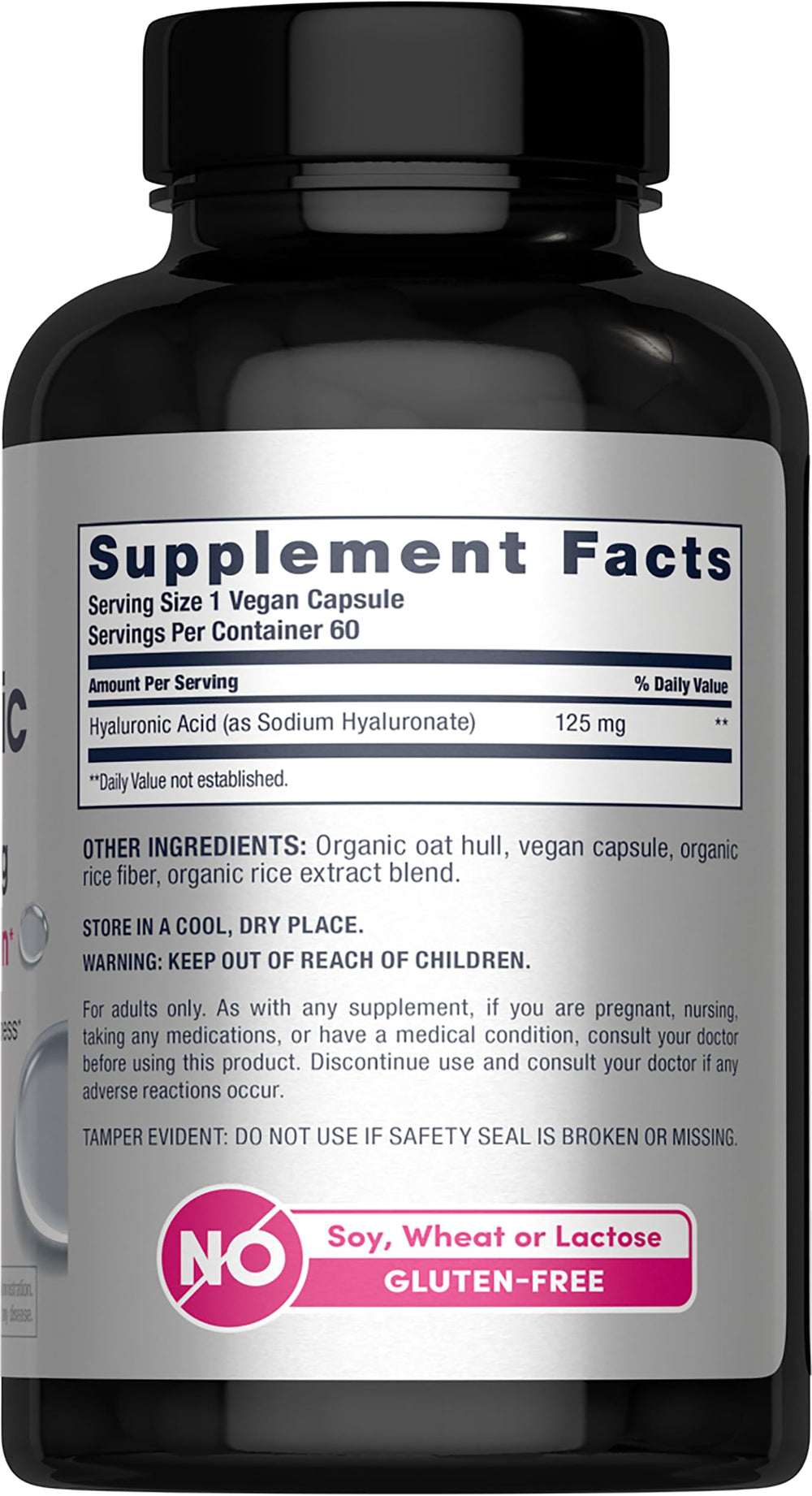 NeoCell Hyaluronic Acid Capsules label details show gluten-free, non-GMO ingredients and vegan-friendly capsules