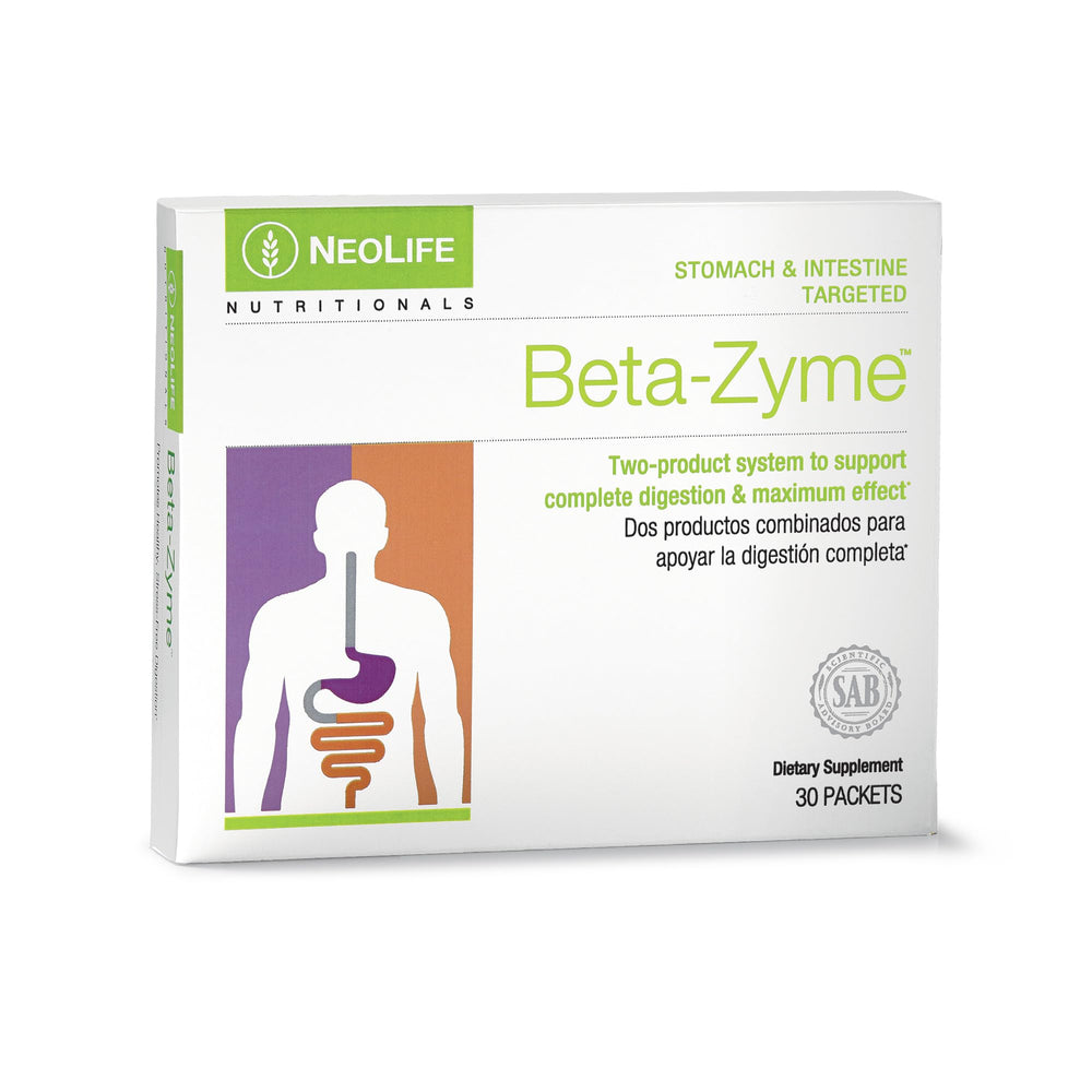 NeoLife Beta-Zyme bottle and packaging with plant-sourced enzymes for daily digestion.