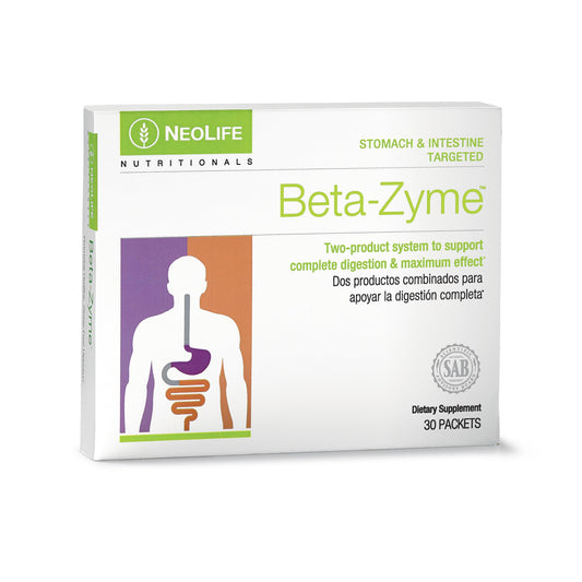 NeoLife Beta-Zyme bottle and packaging with plant-sourced enzymes for daily digestion.