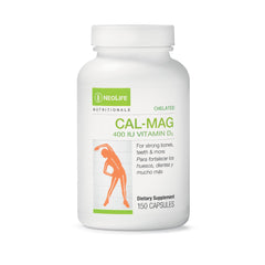 NeoLife Chelated Cal-Mag softgel bottle on shelf to support daily bone vitality.