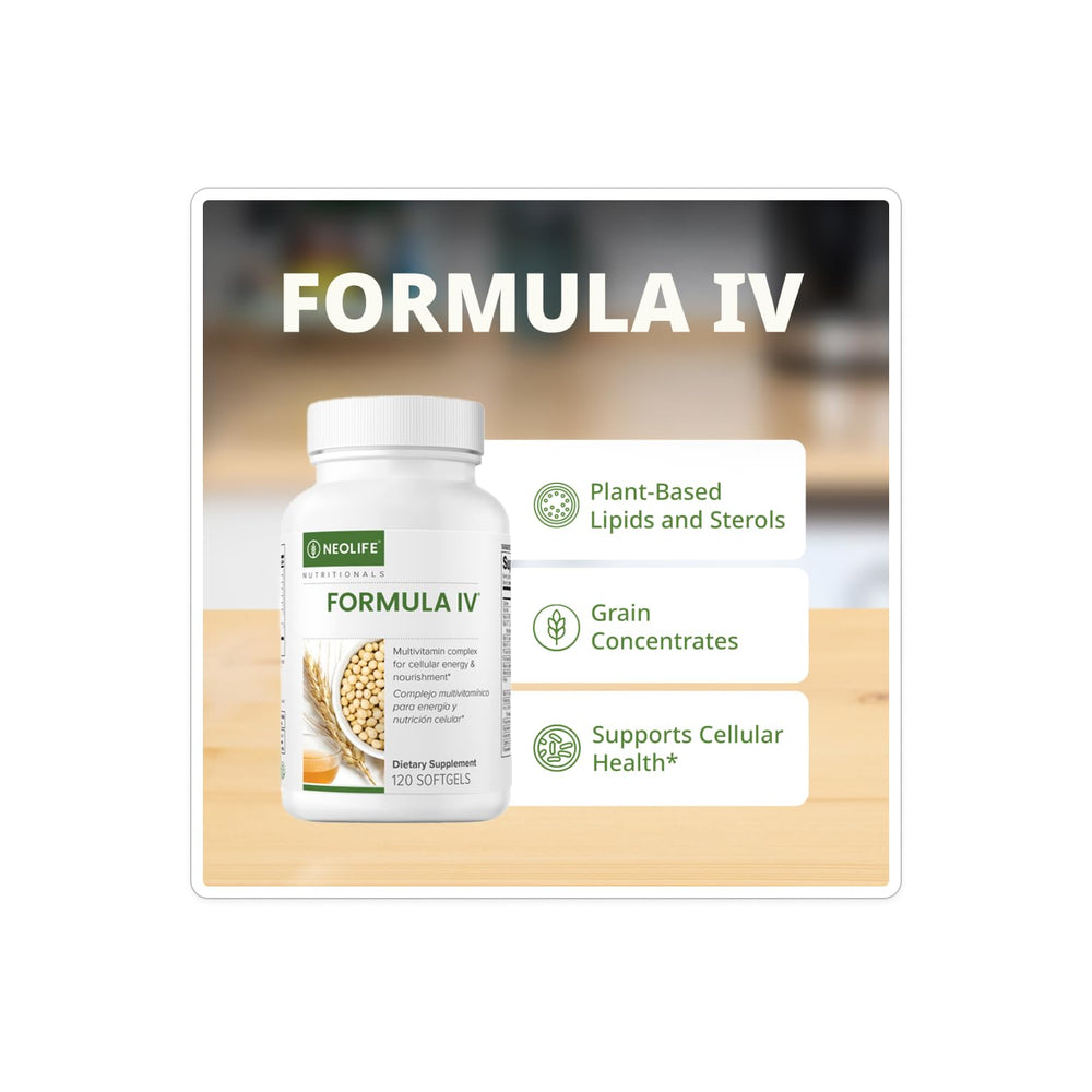 NeoLife Formula IV softgel label highlights essential vitamins and minerals in a convenient form.