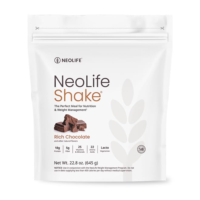 NeoLifeShake bottle with rich chocolate flavor shows convenient meal replacement on the go.